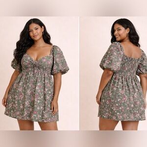 Trixxi Floral Babydoll Mini Dress Olive Pink Puff Sleeve Size L